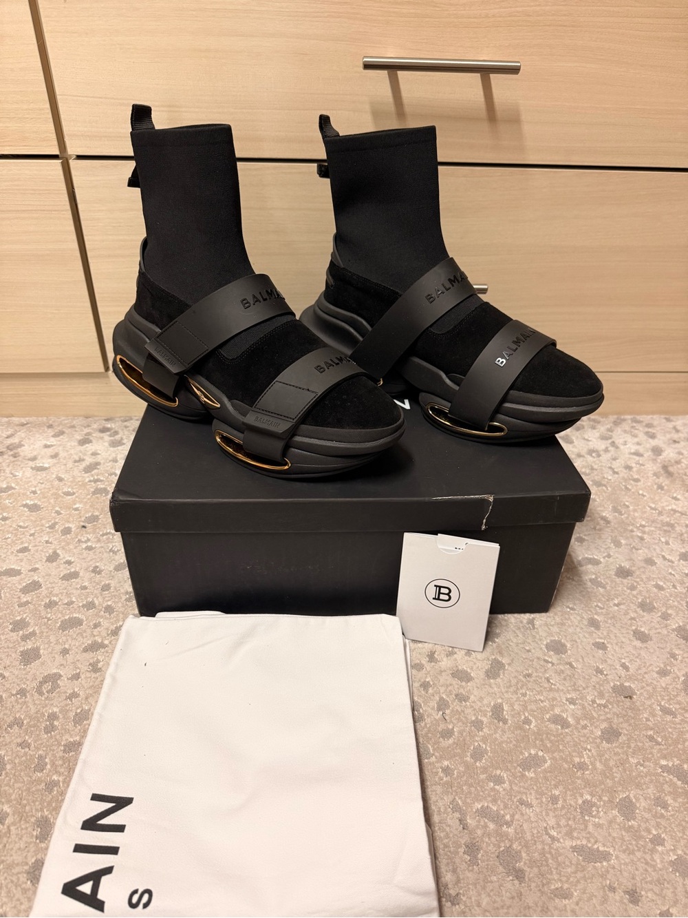 Balmain Black High-Top Sock Sneakers with Gold Accents size 44 NWT